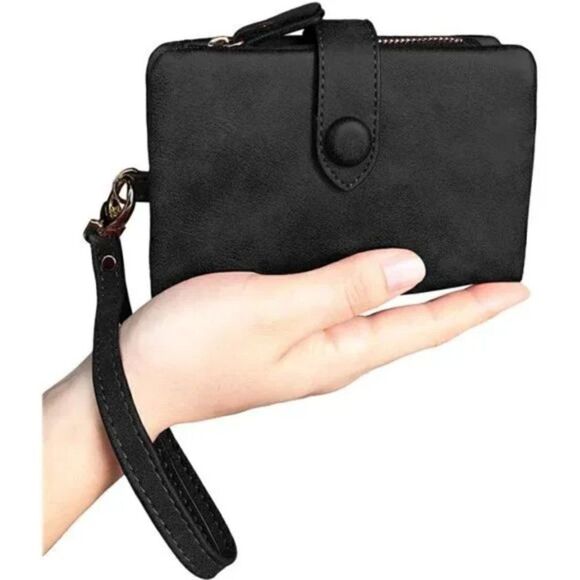 NEW Womens Small Bifold Leather Wallets Rfid Ladies Wristlet Black - Picture 3 of 7